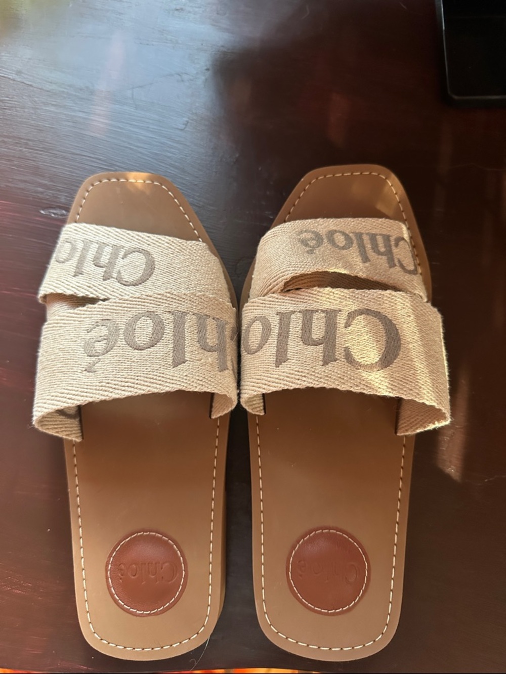 Chloe Beige Canvas Logo Slide Sandals